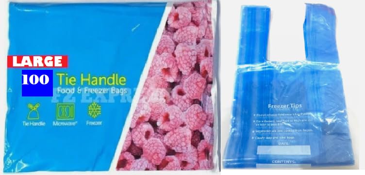 Food Storage Bags with Tie Handle, Freezer Safe (100, Blue, Large)