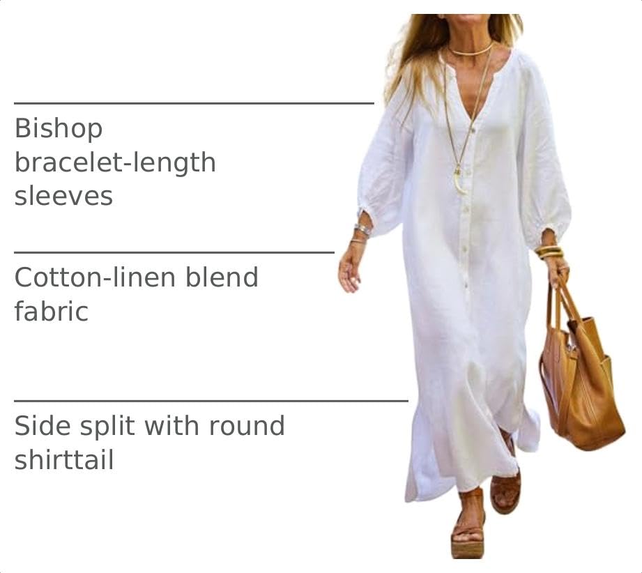 Image of chouyatou Women Summer Long Sleeve Notch Neck Maxi Linen Shirt Dress Loose Button Down Tunic Shift Dress