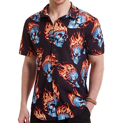 Upaan Men's Flame 3D Realistic Digital Print Short Sleeve Shirts Casual Fashion Skull Print Button Down Shirt #TOP5