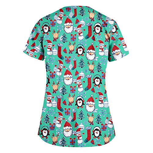 Túnicas de Navidad para Enfermeras Ropa quirúrgica de Navidad para Mujer, Cuello en V, Ultra Suave, Estampado de Papá Noel, Manga Corta, con Bolsillos, Camiseta de Enfermeras de Navidad