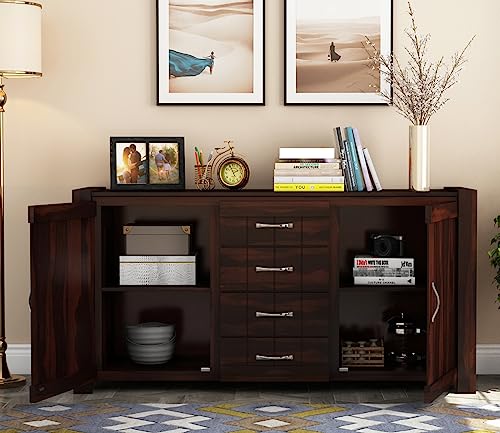 Image of Solid Sheesham Wood Wooden Sideboard Storage Cabinet & Chest of Drawer : Ideal for Living Room and Bedroom with 4 Drawers and 4-Shelf Storage (Chevalier, Walnut Finish)