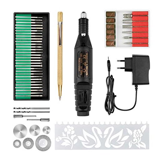 SuMile Grabador eléctrico para tallar cristal, madera, metal, piedra, plástico, cerámica, con 52 accesorios y 32 plantillas de grabado