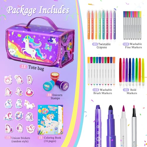 Image of 56 PCS Washable Scented Markers Set with Glitter Pencil Case, Mermaid Unicorn Arts and Crafts for kids 4-6-8 Kids Coloring Drawing Kits for 4-8 Years Old Girls Birthday Gifts