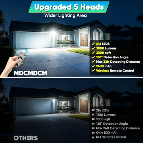 Image of MDCMDCM Solar Lights Outdoor Waterproof Motion Sensor - 416 LEDs 3000 Lumens Super Bright 3 Brightness 3 Modes 360 Illumination 32ft Solar Flood Security Light for Outside (with Remote Control, 4)
