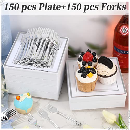 Gandeer 300 Pcs Square Plastic Plates With Forks, Including 150 Disposable Dessert 6.5 Inch And Appetizer, Guest Dinner Set For Weddings Parties (Silver) #TOP5