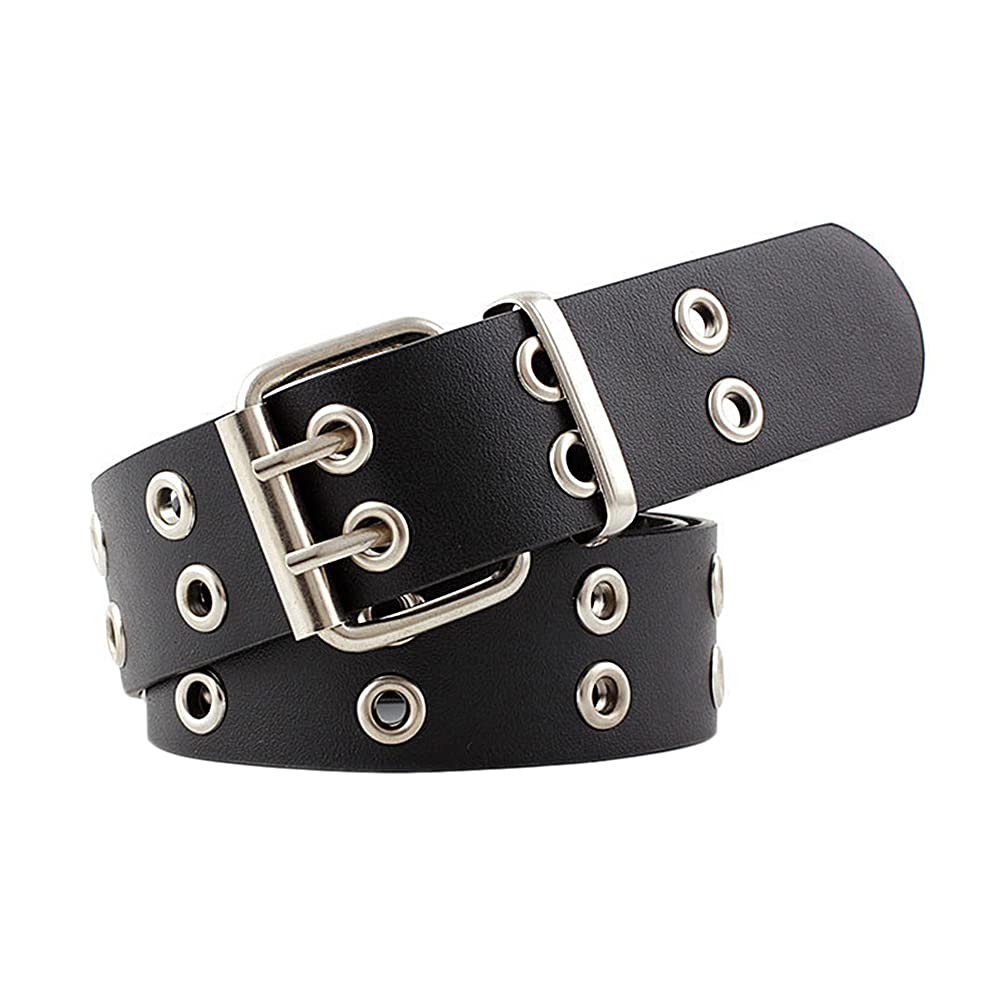 Junhouse Double Grommet Belt with Chain Eyelet PU Leather Punk Studded Belt 2 Hole Grommet Jeans Belt with Metal Detachable Jean Chain for Women Men (Black no Chain)