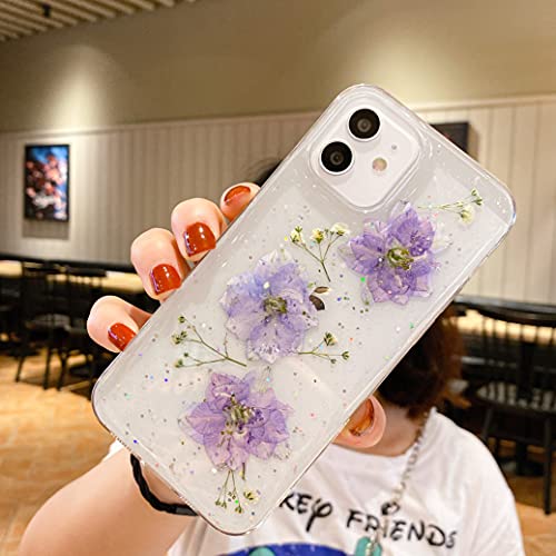 iPhone 14 対応 クリア 可愛い ケース, CrazyLemon 人気タイプ 綺麗 オシャレ 美しい 紫 パープル 本物の花 花びら 花柄 デザイン キラキラ グリッター 薄型 軽量 透明 ソフト シリコーン アイフォン 14 ケース カバー 耐衝撃 バンパー レディース 女性向け - 04