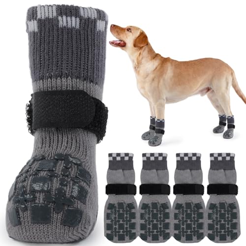 Image of ROZKITCH 2 Pairs Dog Paw Protectors, Gripper Socks for Hardwood Floors Paw Bandage Long Dog Socks Paw Wound Cover with Grips & Adjustable Straps for Corgi, Schnauzer Grey L
