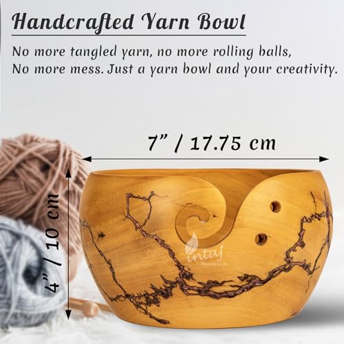 Image of INTAJ Wooden Yarn Bowl for Knitting and Crochet, 7 Inch No-Snag Holder