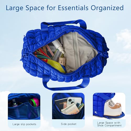 Quilted Gym Bag for Women,Duffle Bag for Travel with Wet Pocket,Carry on Weekender Bags for Women,Travel Bag with Shoe Compartment (Blue)2