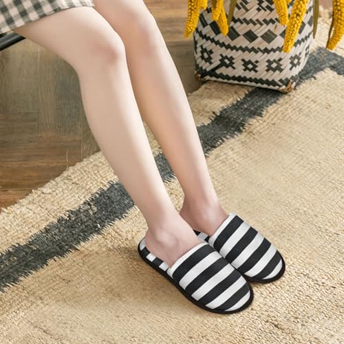 Black And White Stripes Print Women Slippers Home Furry Shoes Keep Men Couples Shoes Warm For Women- 6
