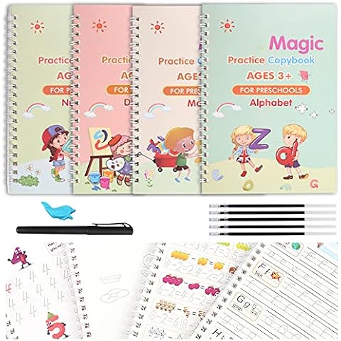 Magic Practice Copybook for kids, 4 Pack Calligraphy Set with Handwriting Pens for Beginners, Children Tracing Workbook for Drawing,Math,Numbers,English Alphabet Cover
