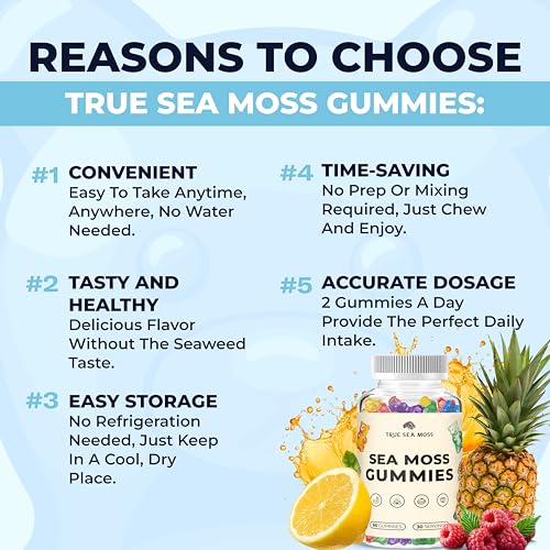 TrueSeaMoss Irish Sea Moss Gummies with Burdock Root & Bladderwrack – Vegan Formula for Adults & Kids – Non-GMO, Gelatin-Free, Fruit Flavor – Made in USA – 60 Gummies
