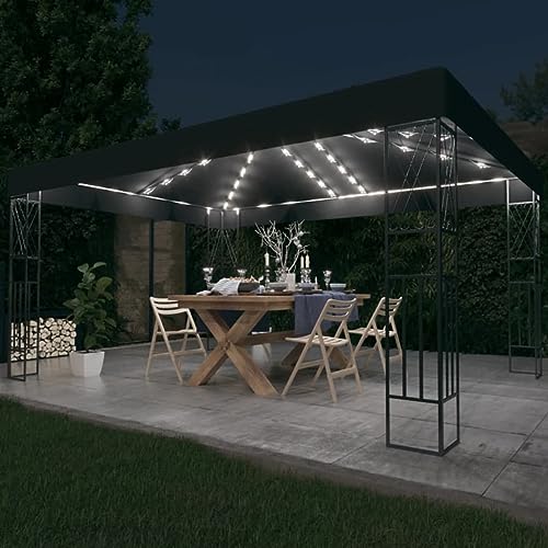 Cenador con Tira de Luces LED, Cinyiqo Carpas para Exteriores, Pergolas De Jardin, Toldo Exterior, Pergola Jardin Exterior, Pergolas para Terraza, 3x4 m Tela Gris Antracita