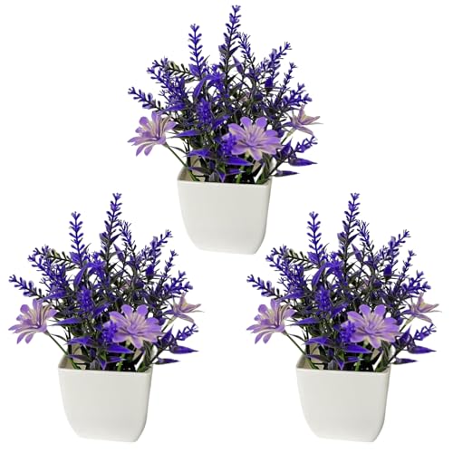 FAINCA 3 Piezas Flores Artificiales de Lavanda 14 x 20 cm Planta Lavanda Decorativas en Maceta Blanca Flores Artificiales Exterior Planta Decorativa Impermeable para Oficinas Salones Dormitorios