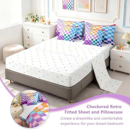 Image of Feelyou Multicolored Checkered Retro Bedding Sets Kids Boys Girls Geometric Vintage Comforter Bed in a Bag Twin Size Rainbow Colorful Bed Duvet Insert Modern Groovy Aesthetic Room Decor
