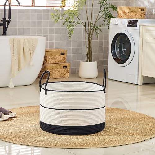 Image of KAKAMAY Cotton Rope Storage Basket (20 inchx13 inch),Woven Hamper for Blankets,Toys,Pillows,Clothes,Laundry,Sturdy Handles Decorative Basket for Living Room, Bedroom,Nursery(Black /Beige)
