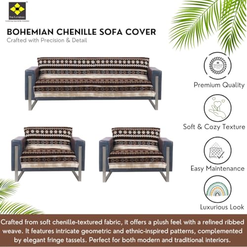 Image of Elegant Woven Brown Sofa Cover - Soft Chenille Traditional Pattern with Lace Style | L-Shape Sectional Seat Protector for Living Room | Durable & Stylish Slipcover 5 Seater Sofa