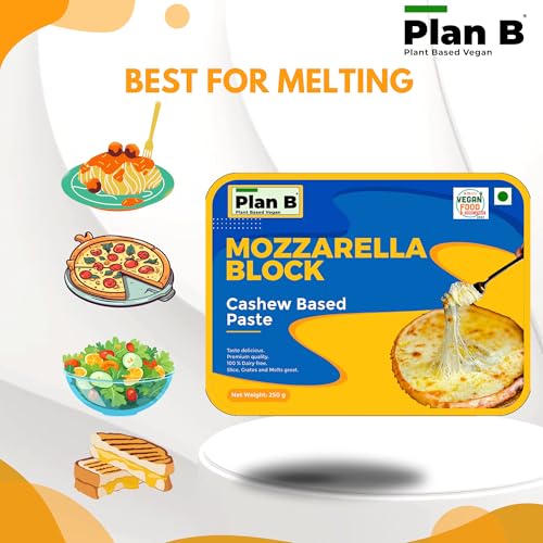Image of Plan B Plant-Based Mozzarella Cheese Block- Dairy-Free, Lactose-Free - Melts Perfectly - Ideal for Pizza, Pasta & Baking - Made with Cashews | Pack Of 2(250 G Each)