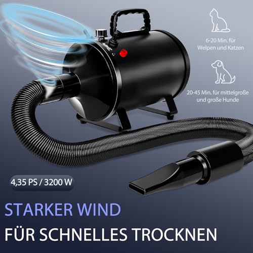Utoimain Hundefön 4,3PS/3200W mit 3 Temperaturstufen, stufenlos regelbarem Luftstrom und 5 Aufsätzen – Professioneller Hundetrockner für Haustierpflege