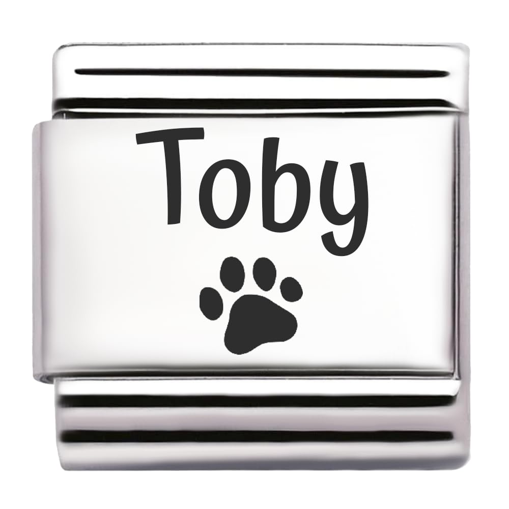 Pet Paw Name Personalised Custom Engraved Italian Charm Fits All 9mm Bracelet Links. Dog or Cat (Toby)