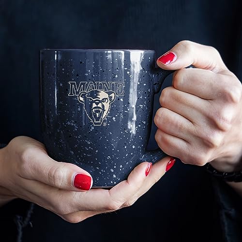 Image of Rico Industries NCAA Maine Black Bears Navy Blue Personalized 16 oz Team Color Laser Engraved Speckled Ceramic Coffee Mug