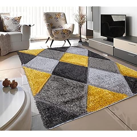 Silky soft fluffy thick shimmering 3D effect luxurious plush shaggy rug living room area rug super soft bedroom carpet (mustard yellow silver diamonds, 80 x 150 cms) Cover