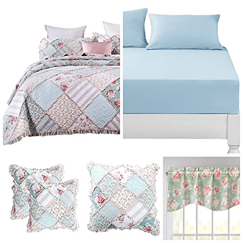 Dadalogy Bedding 10-Pieces Cottage Bed In A Bag Set - Hint Of Mint Floral Pastel Blue Cotton Patchwork Bedspread - Fitted Sheet W/ Throw Euro Sham Pillow Covers & Window Curtain Valance - Full Size #TOP2