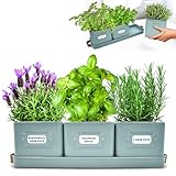 Herb Planter Indoor - Set of 3 Teal Blue Indoor Herb Garden Pots with Leather Handled Tray - Window Sill Plant Shelf - Pots with Drainage Holes and Labels