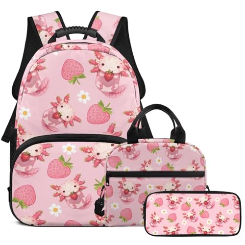 Strawberry Backpack for Toddler Girls Floral Girls School Backpack Axolotl Bookbag for Kids with Lunch Box 3 Pcs for Primary School Travel Rucksack2
