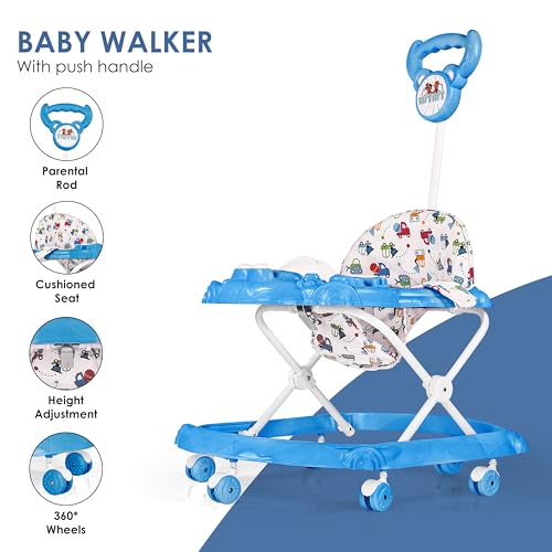 Image of BabyGo Tintin Baby Walker for 6-24 Months, Baby Walker with Push Handle & Activity Tray - Foldable Adjustable Height Infant Walker with Wheels, Music,Toy Bar and Comfotable seat (Blue)