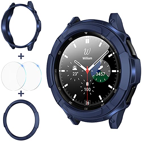 Goton 3 in 1 Accessories for Samsung Galaxy Watch 4 Classic 46mm, 1 Rugged TPU Armor Bumper Case Cover +2 Tempered Glass Screen Protector Films + 1 Bezel Ring for Galaxy Watch4 Classic 46mm Blue