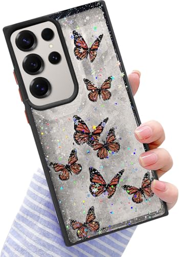 Image of VONZEE for Samsung Galaxy S25 Ultra Clear Glitter Butterfly Case, Cute Bling Sparkle Shiny Soft Silicone TPU Bumper Shockproof Women Girls Slim Protective Phone Cover for Galaxy S25 Ultra, Black