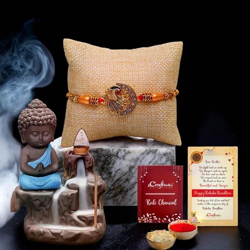 Image of eCraftIndia Rakhi Gift for Brother | Golden & White Beads Pearl Diamond Designer Bhaiya Bhabhi Rakhi Set