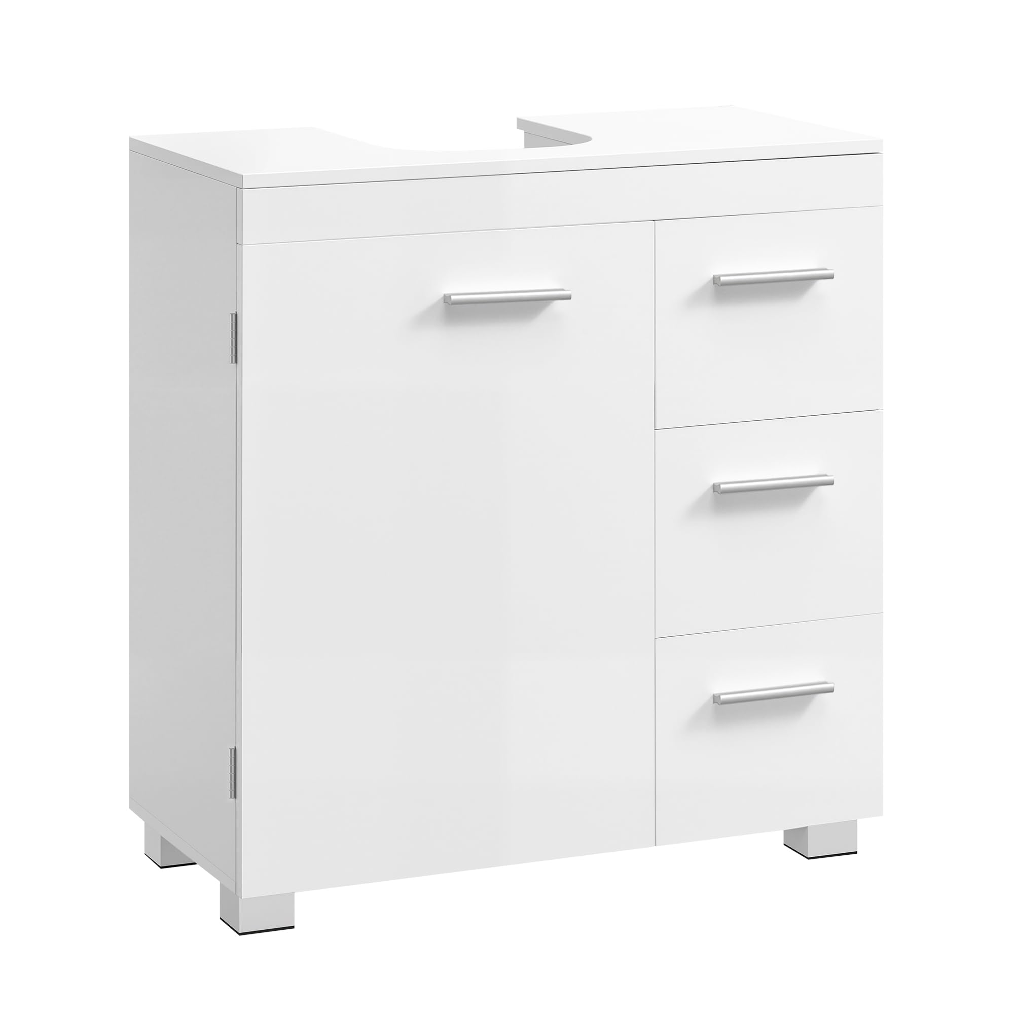 VASAGLE Mueble Bajo Lavabo, Armario de Baño, 3 Cajones, 2 Compartimentos Detrás de la Puerta, con Pies, 30 x 60 x 64 cm, Blanco Nube BBK514WB01