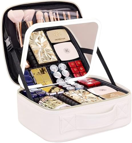 化粧ポーチ メイクポーチ 鏡付きメイクボックス コスメ収納 スキンケア 収納 バニティポーチ 大容量 持ち運び コスメ収納 メイクブラシバッグ コスメポーチ 仕切り 防塵 置き方調整可能 自宅/通勤/出張/旅行用 ホワイト 防水 LEDライト付き 3色調節可能なLEDライト化粧品収納 24.5*10*22cm