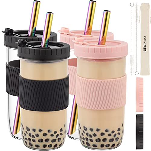 Comparison: Best Smoothie Travel Cup 11 Reusable Glass Mason Jars Cups with Lids and Straws Silicone Sleeves, 4 Pack 24Oz Wide Mouth Smoothie Cups Glass Bubble Tea Cup, Leakproof drinking glasses Water Bottle Travel Tumbler for Large Pearl