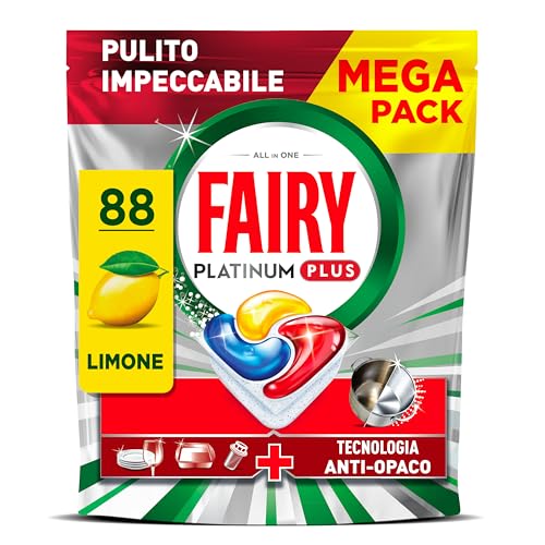 Fairy Platinum Detersivo Pastiglie Lavastoviglie Plus, Brillantante, 88 Capsule, Limone, Tecnologia Anti-Opaco, Contro Il Grasso e le Incrostazioni Ostinate Anche Nei Cicli Brevi