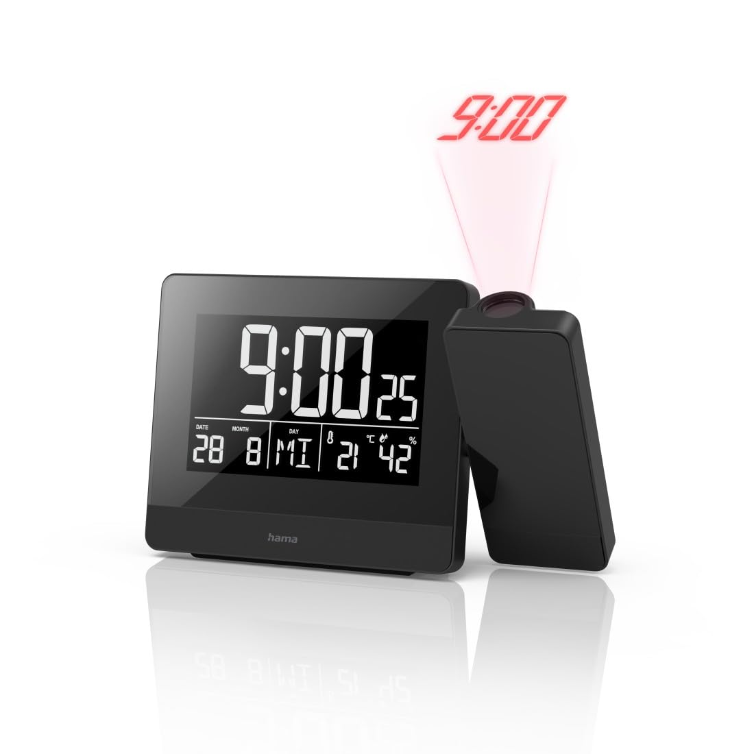 Hama Réveil à Projection 'Plus Charge' (Projection de l'heure sur Le Plafond, pivotable 360°, Radio piloté DCF, Thermomètre, Hygromètre, Port USB de Charge) Noir
