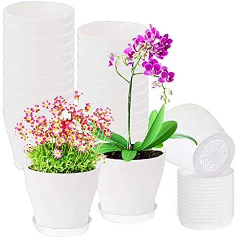 Cshangzei 24 Set 4 Inch White Plant Pots,Plastic Nursery Planters with Trays and Drainage Holes,Indoor Succulent Plants Container for Small Plants,Herbs,Seeds Cover