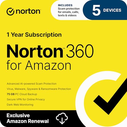 Norton 360 for Amazon, Antivirus software for up to 5 Devices with Auto Renewal - Includes Scam...