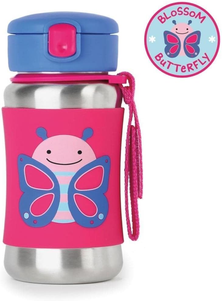 Skip Hop Toddler Sippy Cup - Zoo Stainless Steel Straw Bottle, Butterfly, 3.50" x 3.50" x 6.00"