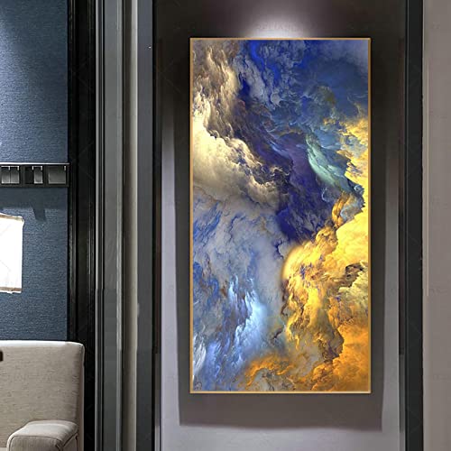 Tableau abstrait nordique de qualité supérieure avec nuages dorés et bleus 30x60