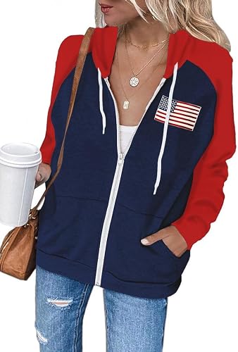 Ezbelle Zip Up Hoodie for Womens Long Sleeve Usa Shirt Color Block Zipper Jacket Open Front Cardigan Sweatshirt(Navy Blue Red American Flag) Small