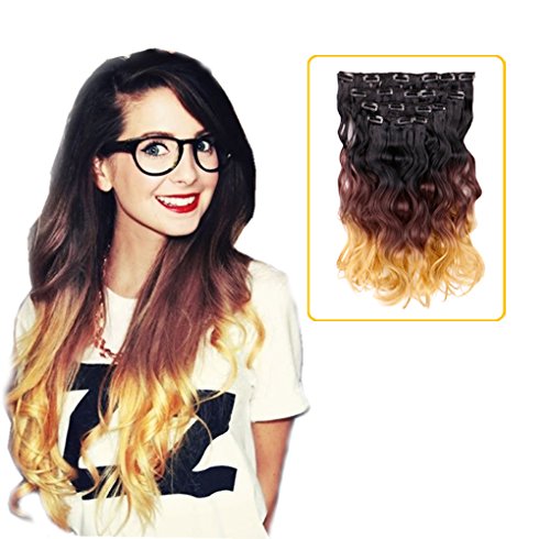 Creamily(TM) #1B/6/27 18" Wavy Clip In Hair Extensions 3-Tone Ombre Color 8 Pieces For A Full Head (Natural Black To Medium Brown To Caramel Blonde)