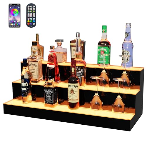 Image of MESAlLUP 30 Inch 3 Tier Lighted Liquor Bottle Display Shelf, LED Bar Shelves with APP or Remote Control, Mulit Color Lighting for Home Mini Bars Decor, Restaurants & Party Use, Acrylic Stand