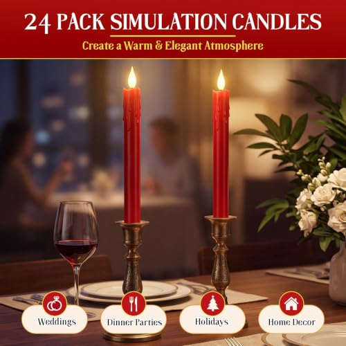 Image of Baquler 24 Pcs 8.8 inch Red Flameless Taper Candle LED Stick Battery Operated