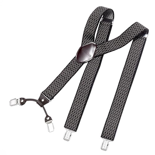 DonDon Hosenträger Herren extra stark kariert schwarz-braun 3,5 cm Hosenträger Herren breit mit brauem Leder in Y-Form lang - Starke Clips passend für Anzug Jeans Chinos Vintage Rockabilly Suspenders