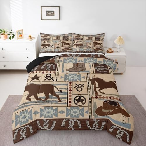 Image of Feelyou Boho West Cowboy Bedding Set Horseshoe Comforter Set for Kids Boys Girls Children Rodeo Cowboy Style Comforter Rural Country Farmhouse Duvet Set Room Decor Quilt Set Twin Size