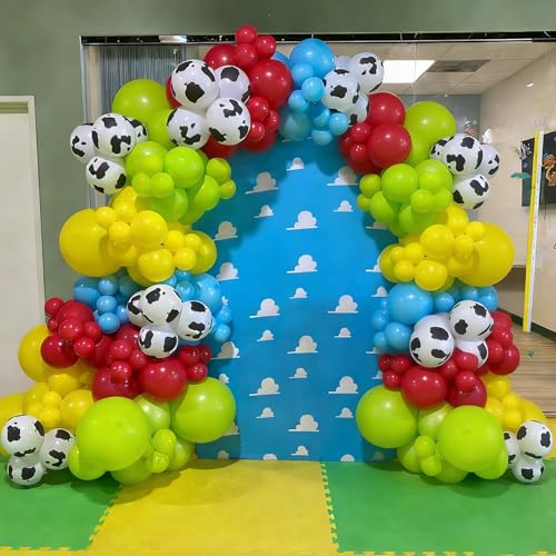 Image of YMSZ Cow Print Balloons Arch Kit, 134pcs Red Blue Yellow Green Balloons with Cow Print Balloons for Boys Girls Birthday Baby Shower Party Decorations